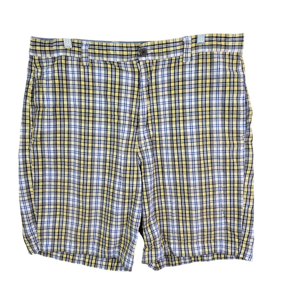 Mens Chaps Yellow Blue Plaid Chino Golf Shorts 100% Cotton 9" Inseam Size 36